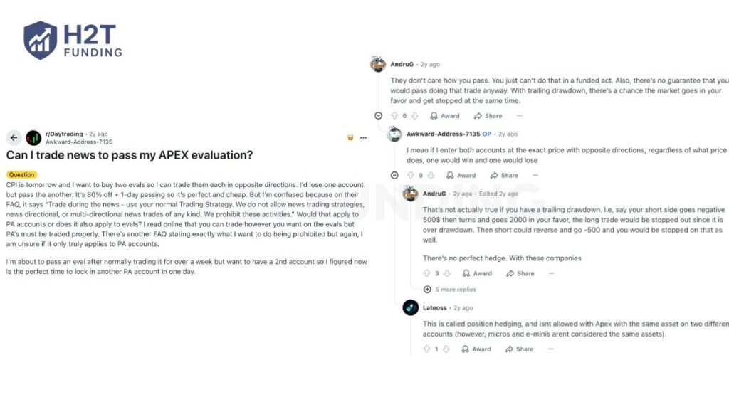 Other Reddit users questioned whether news trading or hedging between two evaluation accounts was allowed