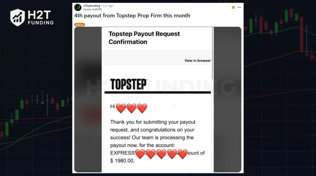 Others are sharing the actual confirmation emails they got from Topstep for amounts like $1,980