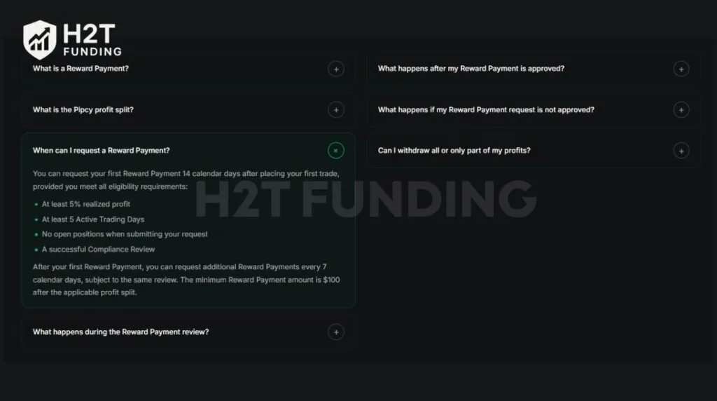 Pipcy’s FAQ lists the requirements for requesting a Reward Payment