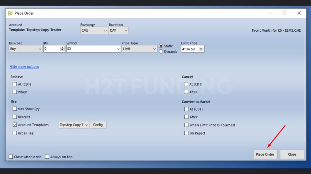 Place your order with symbol, direction, and contract type
