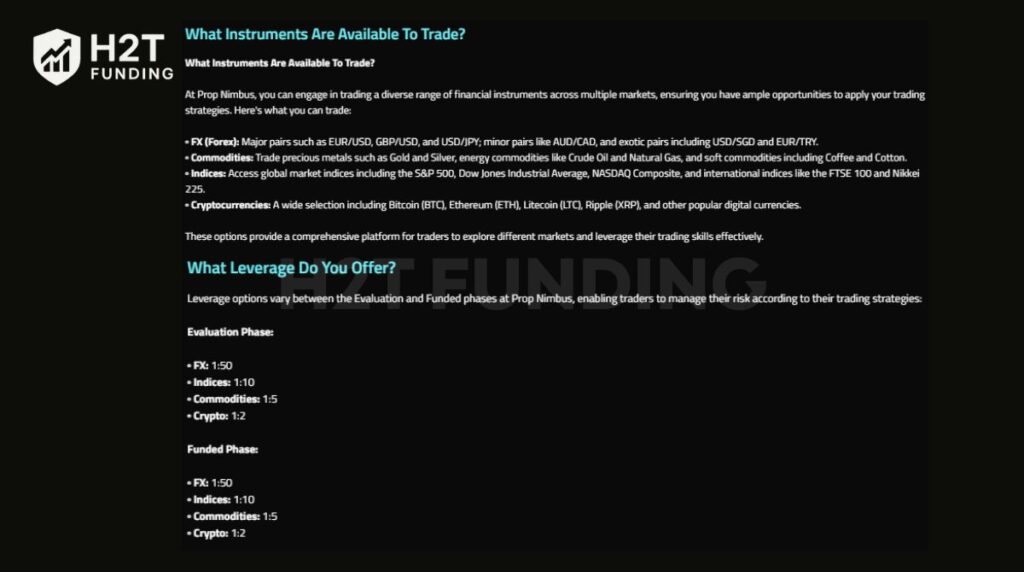 Prop Nimbus instruments and conditions for trading