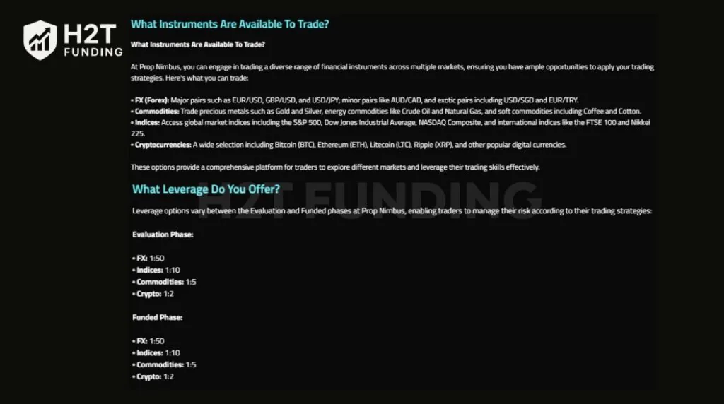 Prop Nimbus instruments and conditions for trading