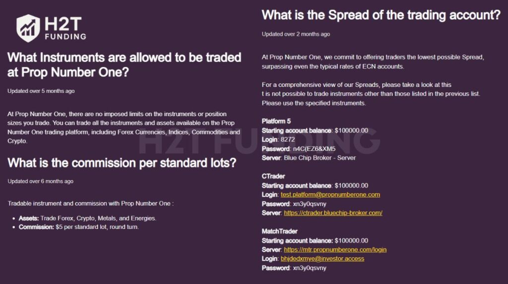 Prop Number One instruments and trading conditions