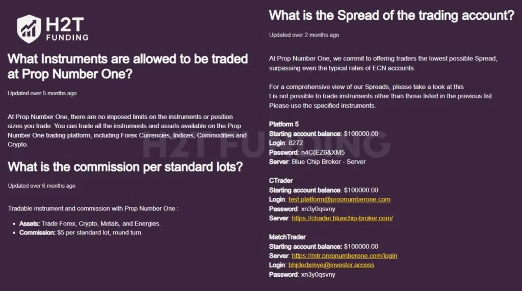 Prop Number One instruments and trading conditions