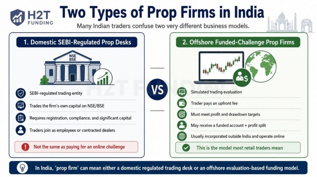 Prop firm in India can mean two different models: domestic prop desks and offshore funded firms