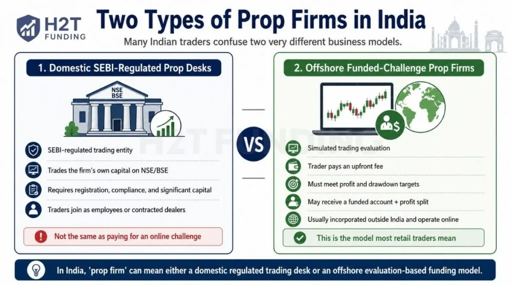 Prop firm in India can mean two different models: domestic prop desks and offshore funded firms