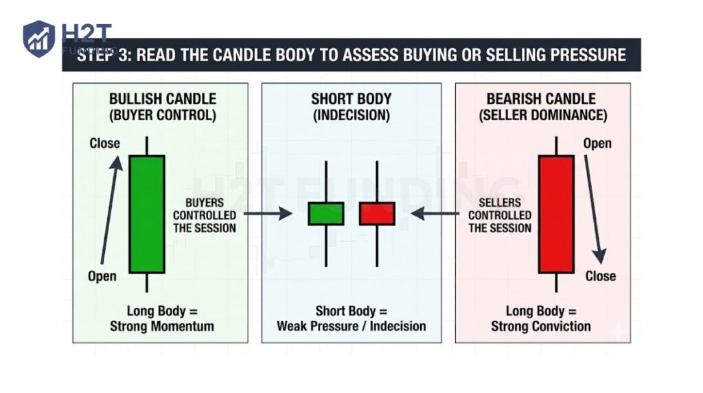Read the candle body to assess buying or selling pressure