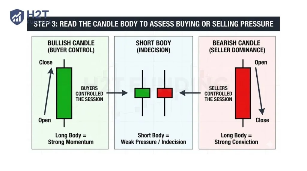 Read the candle body to assess buying or selling pressure