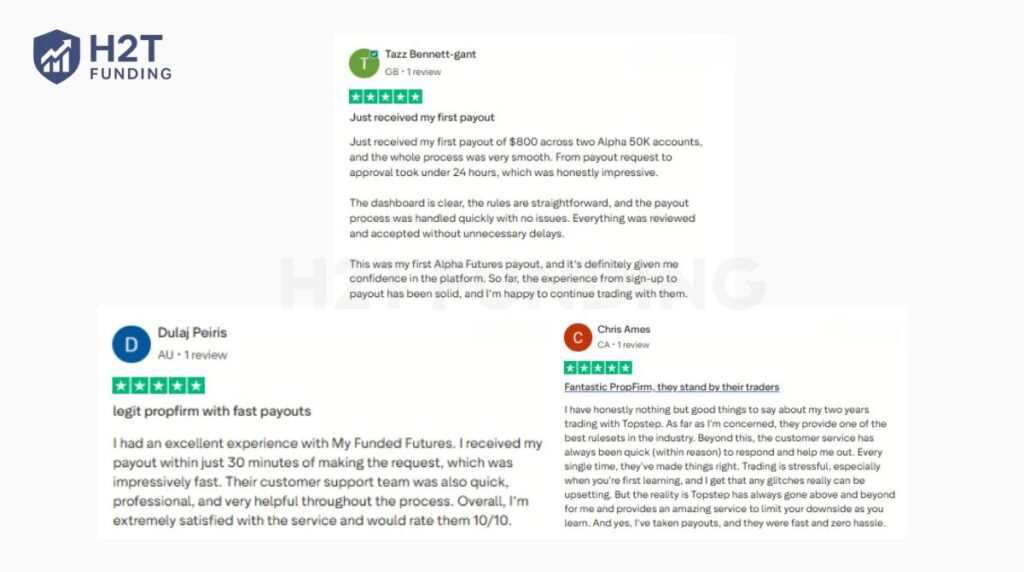 Real trader feedback on payout speed about Alpha Futures, My Funded Futures, and Topstep (updated on January 19, 2026)
