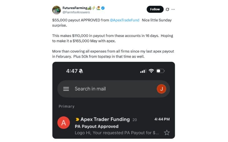 Real traders payout proof on Apex Trader Funding