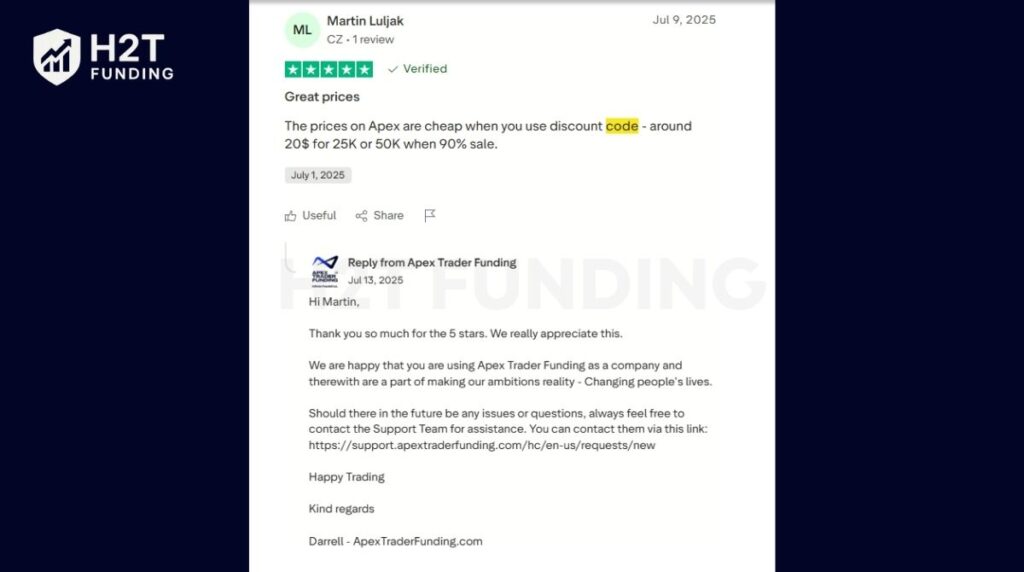 Real user review that Apex accounts drop to ~$20–$30 with 90% off codes