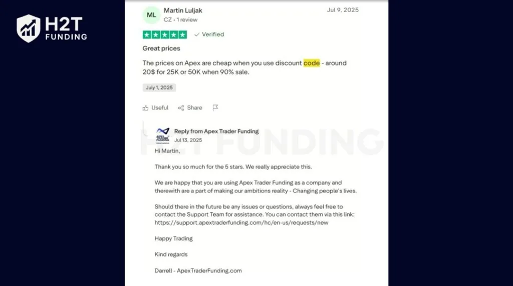 Real user review that Apex accounts drop to ~$20–$30 with 90% off codes