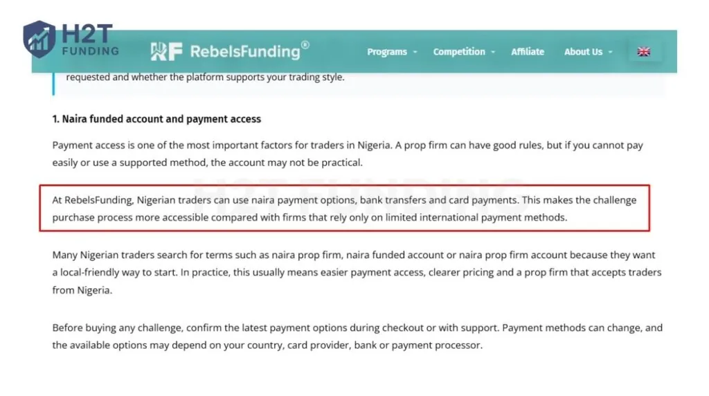 RebelsFunding accepts Nigerian traders and supports Naira-friendly payment options