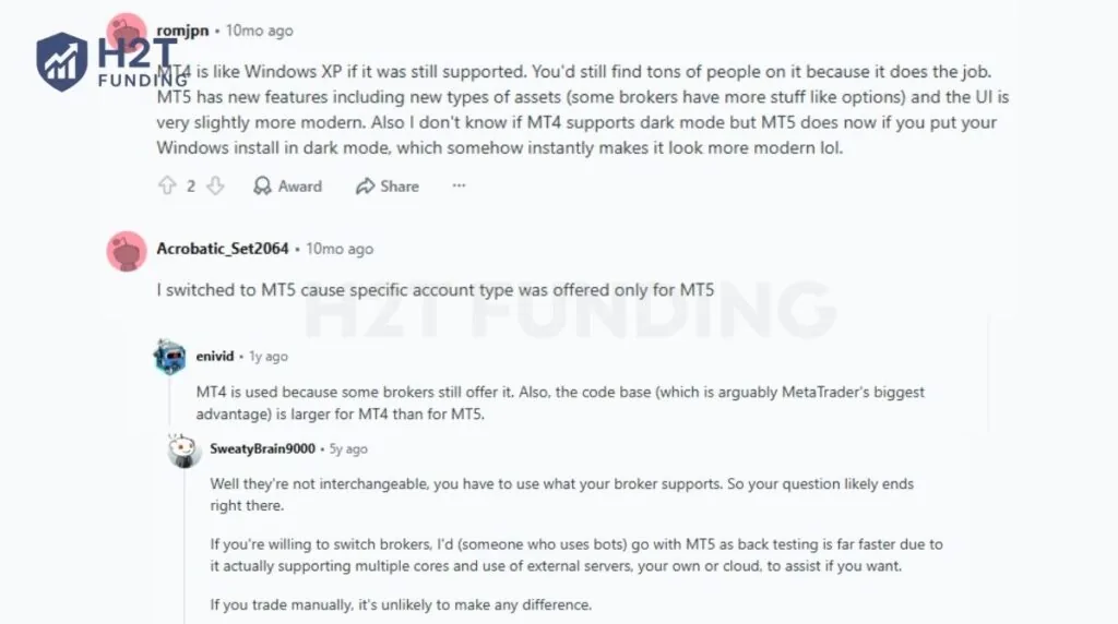 Reddit community opinions on choosing between MT4 and MT5