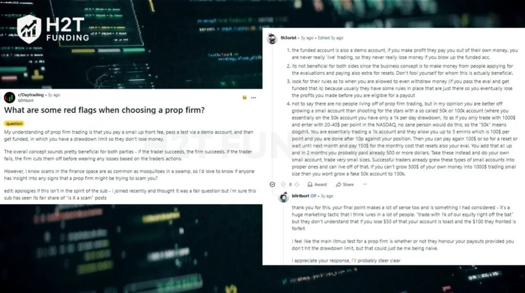 Reddit traders often warn that many prop firms profit mainly from failed evaluations and reset fees