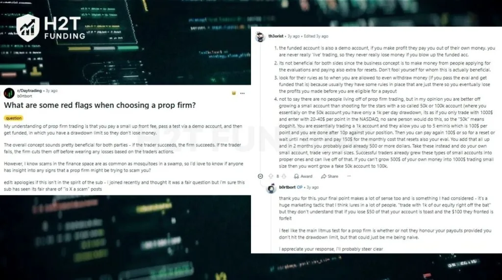 Reddit traders often warn that many prop firms profit mainly from failed evaluations and reset fees