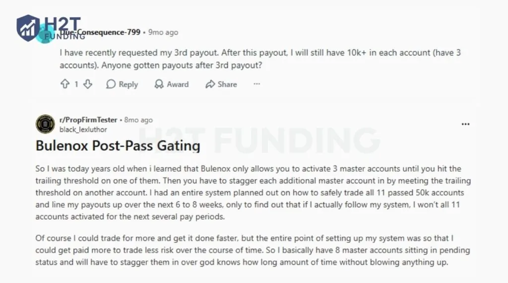 Reddit users share mixed experiences with Bulenox payouts and Master Account activation