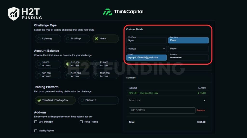 Registration form with your first and last name, email, phone number, country of residence, and password