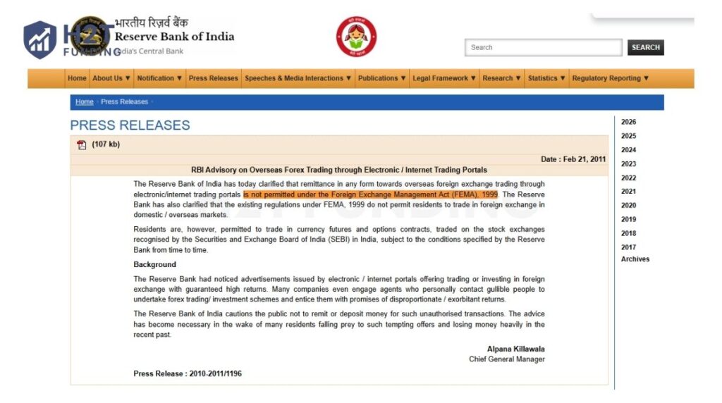 Reserve Bank of India guidance on overseas forex trading and related FEMA restrictions