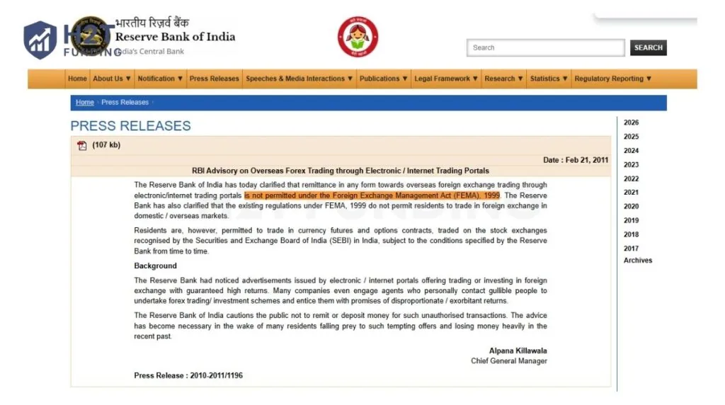 Reserve Bank of India guidance on overseas forex trading and related FEMA restrictions