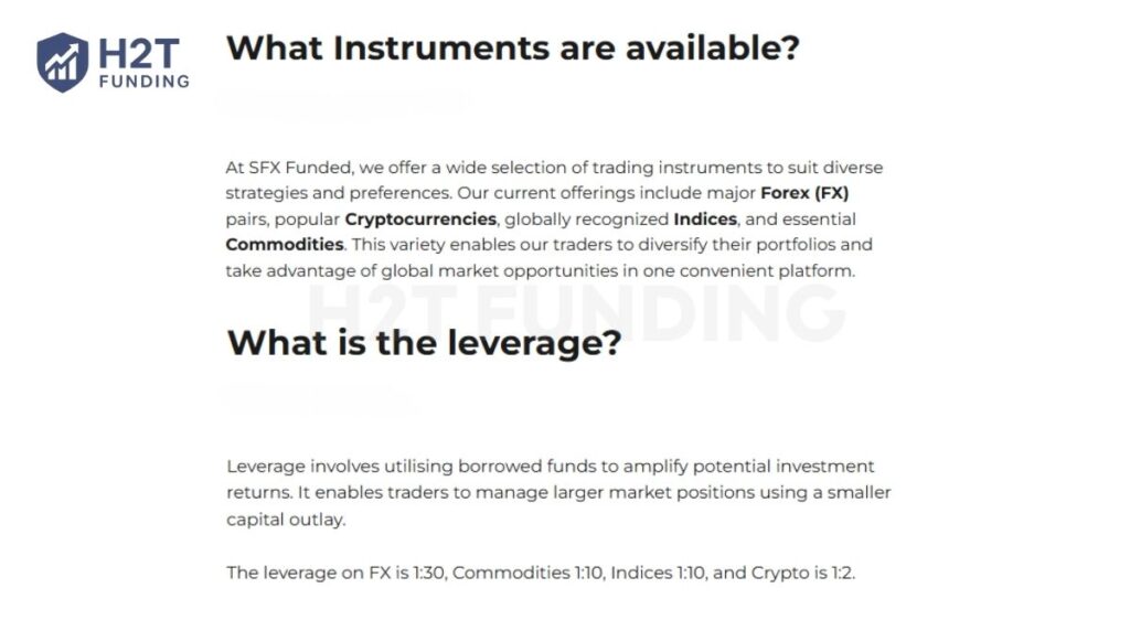 SFX Funded trading instruments & leverage
