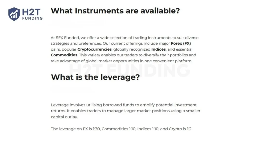 SFX Funded trading instruments & leverage