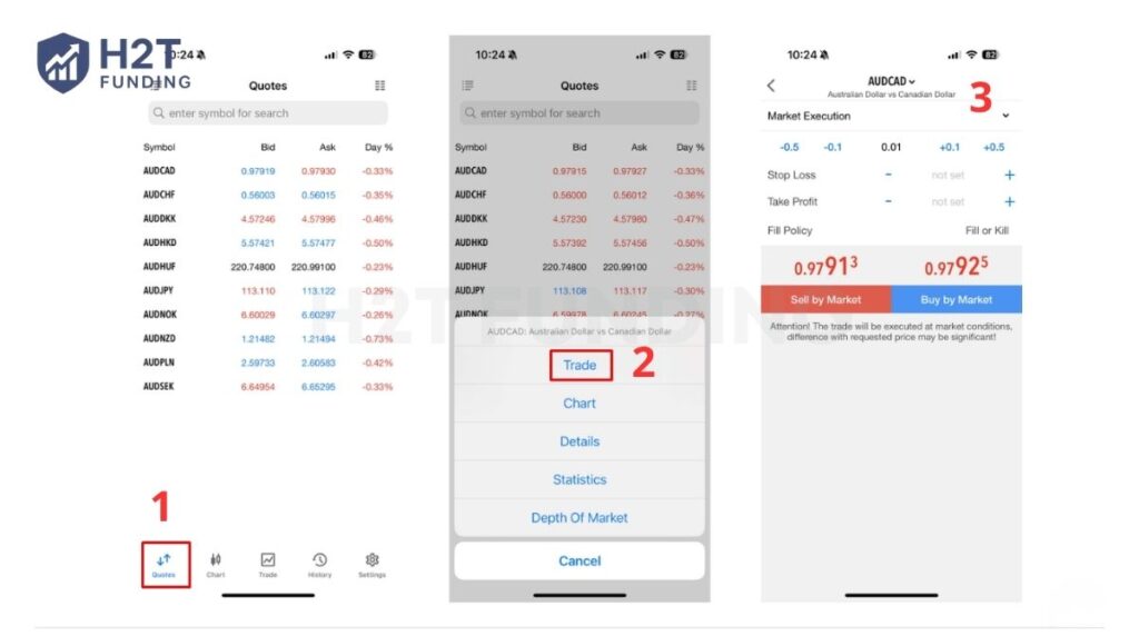 Select Quotes, tap Trade, and execute