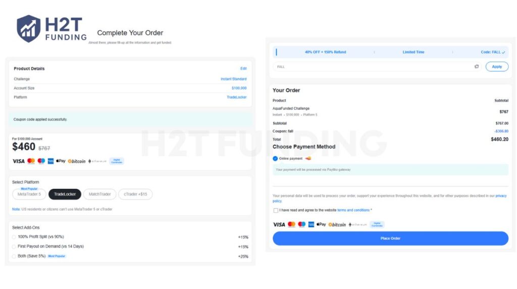 Select account size, and add extra option for your account
