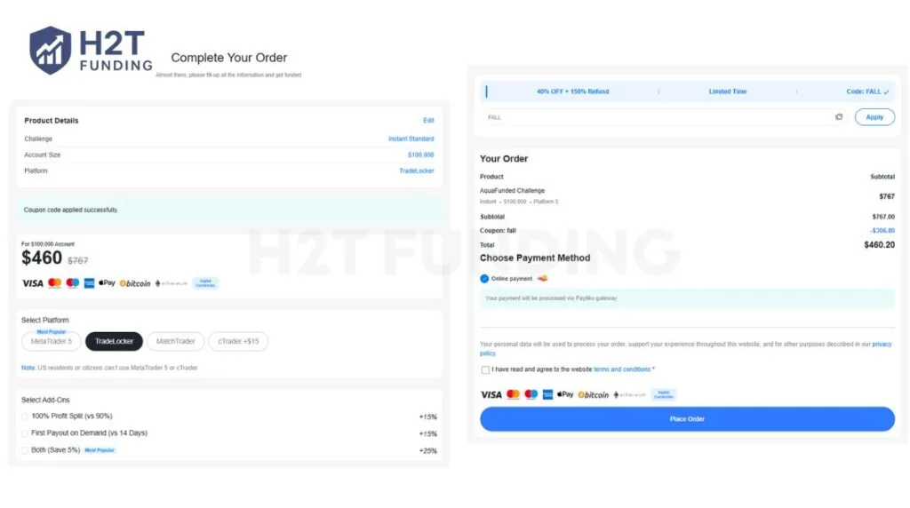 Select account size, and add extra option for your account