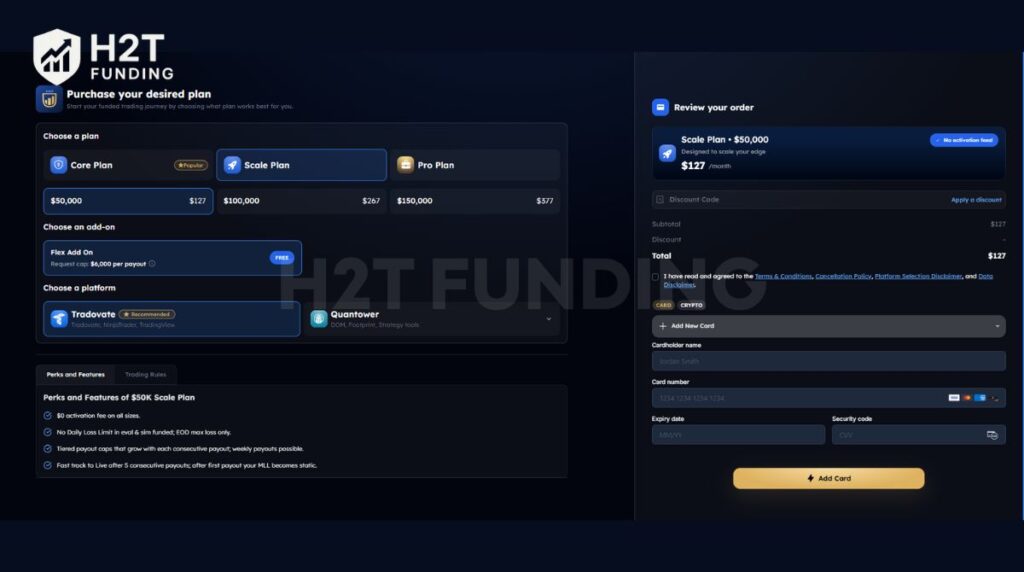 Select from Core, Scale, or Pro plans, with account sizes ranging from $50K to $150K