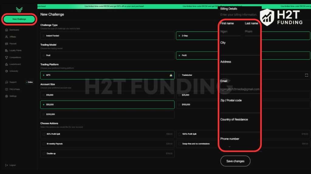 Select the New Challenge tab to configure your trading parameters then enter your residential address and contact details