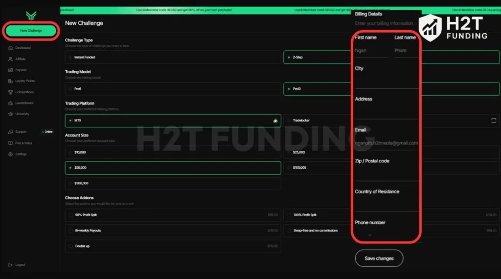 Select the New Challenge tab to configure your trading parameters then enter your residential address and contact details