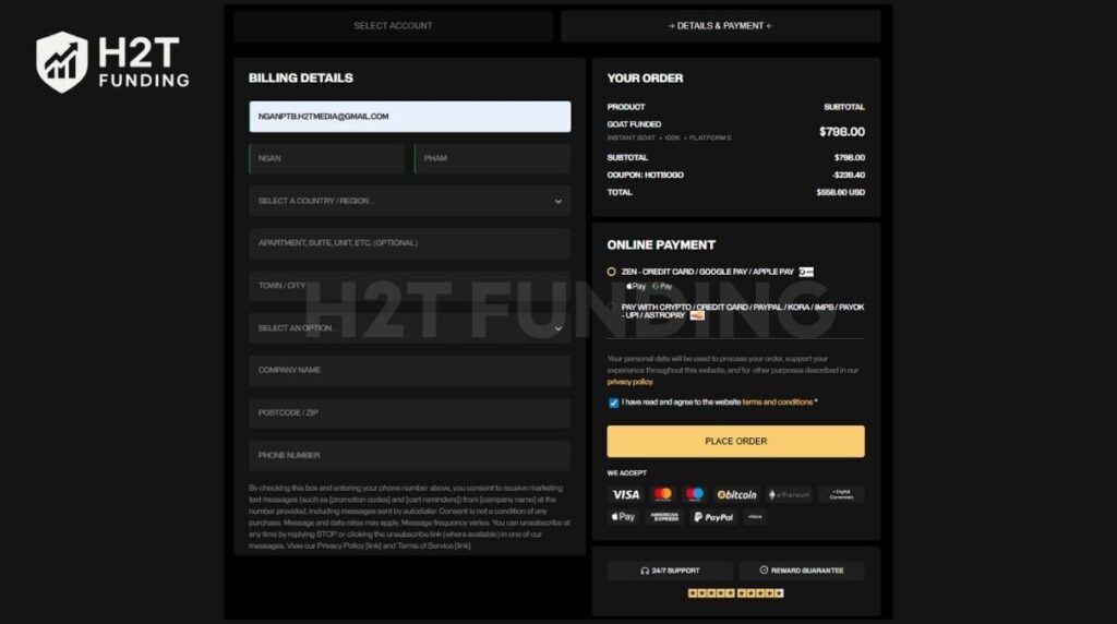 Select your evaluation type and account size and complete payment