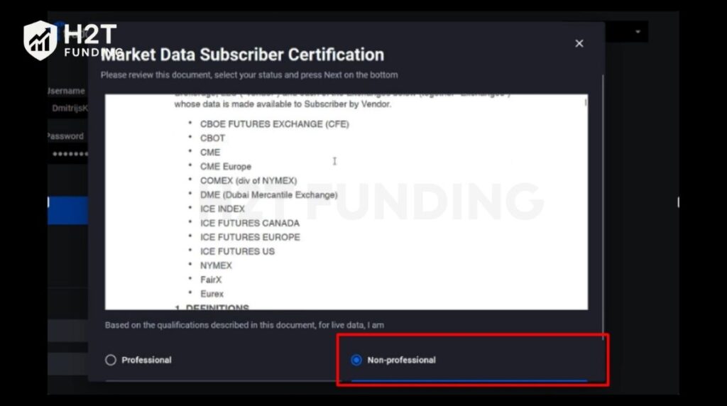 Selecting the Non-professional status for the Market Data Agreements on Tradovate