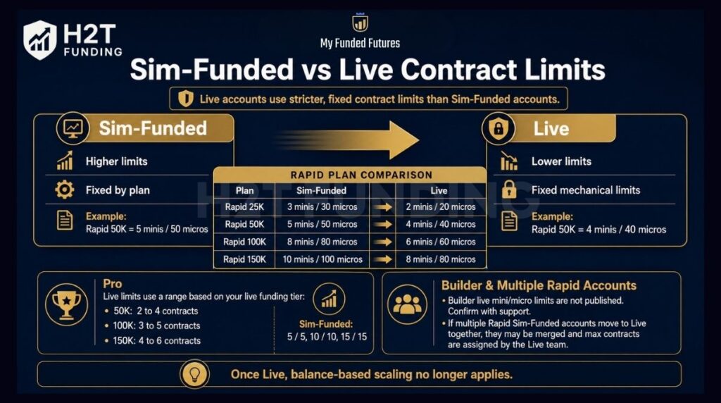 Sim-Funded vs Live contract limits at My Funded Futures, showing how position limits typically tighten after the transition to Live