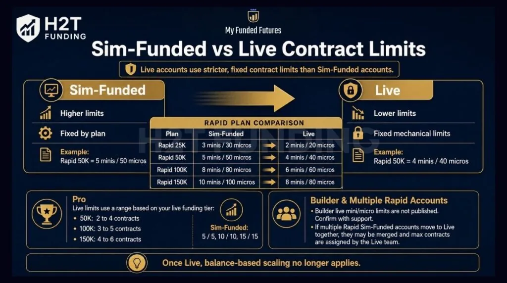 Sim-Funded vs Live contract limits at My Funded Futures, showing how position limits typically tighten after the transition to Live