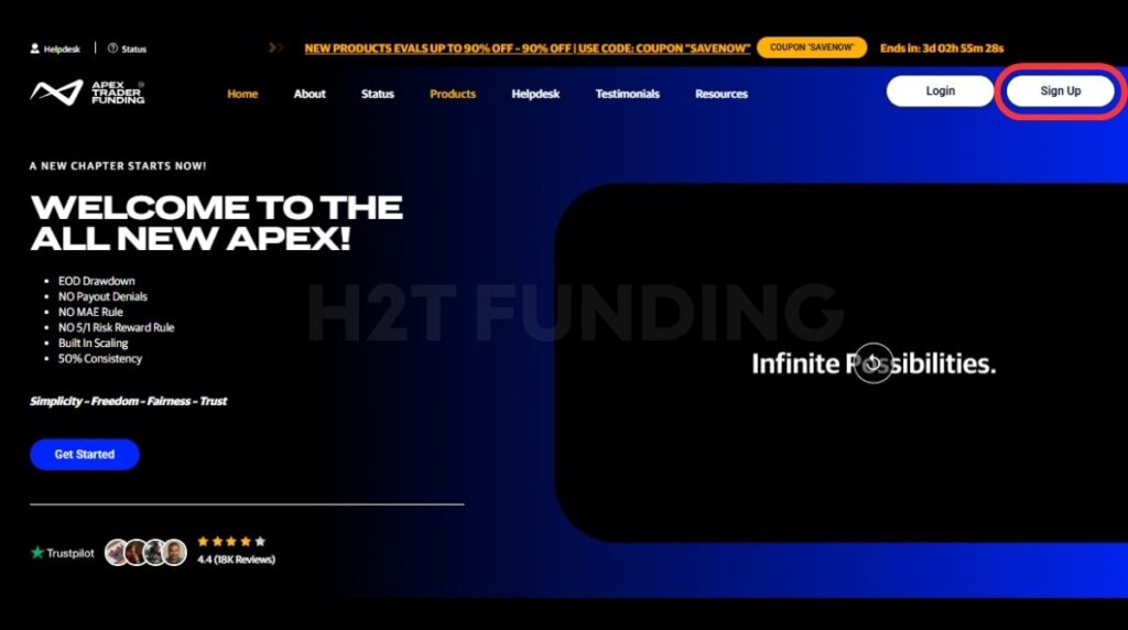 Start by visiting the official Apex website and clicking Sign Up