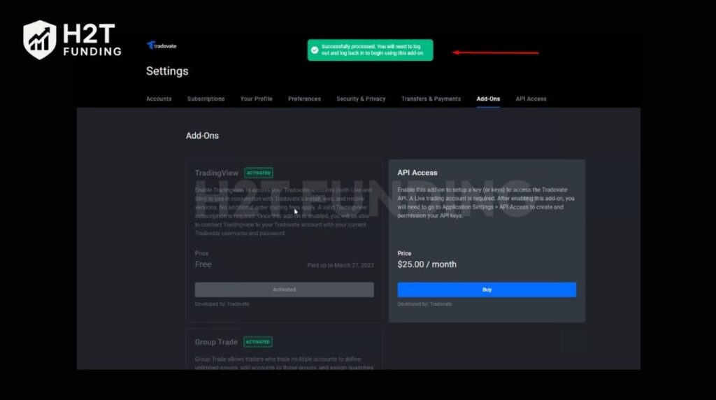 Successful TradingView add-on activation confirmed by the green notification message in Tradovate