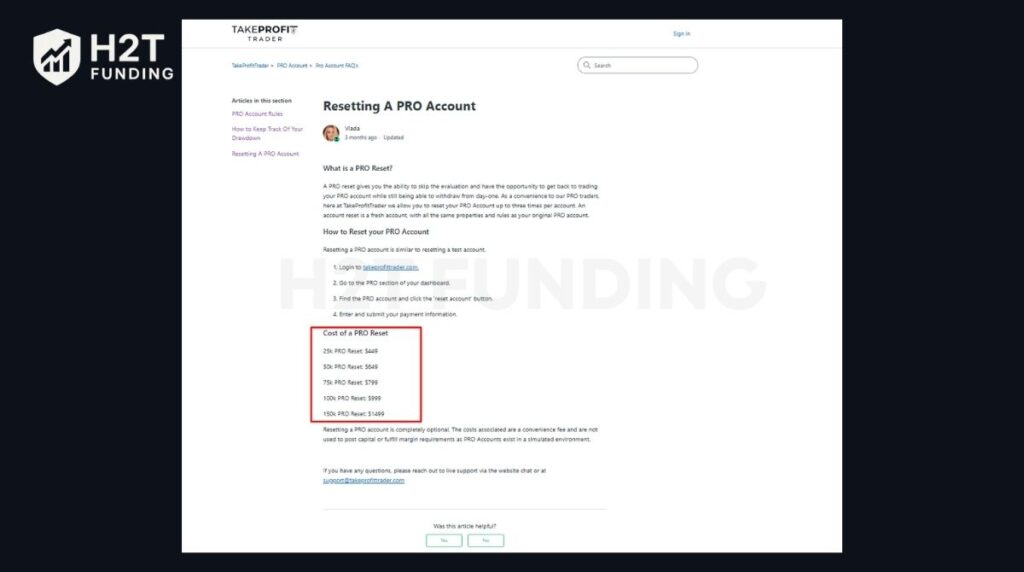 Take Profit Trader Pro account reset fee breakdown