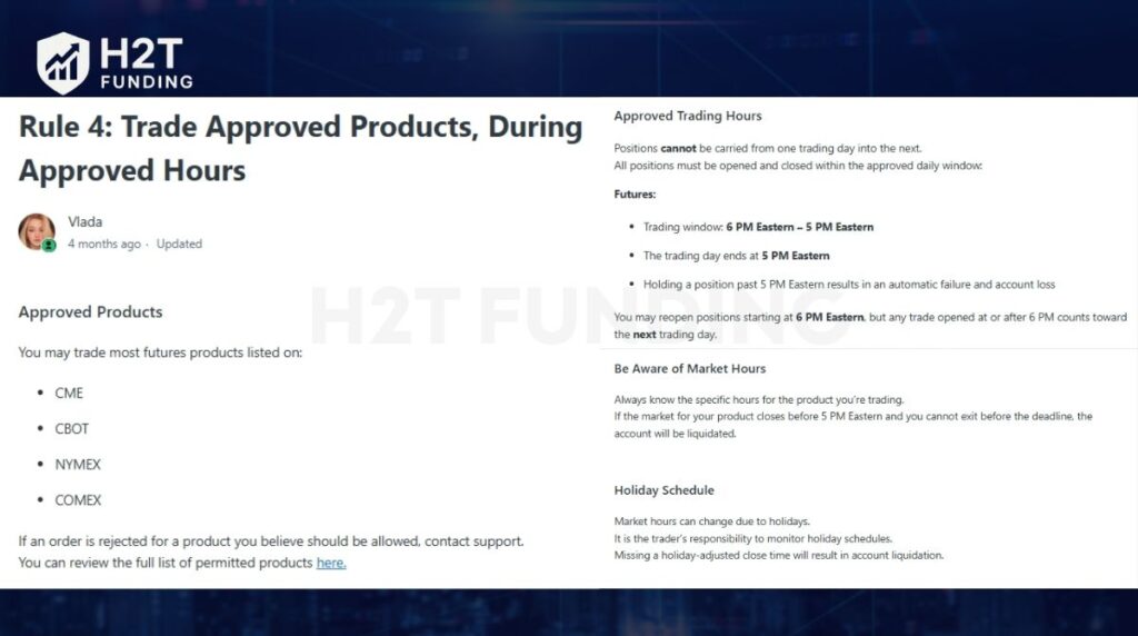 Take Profit Trader evaluation rule 4 - Approved Products and Hours