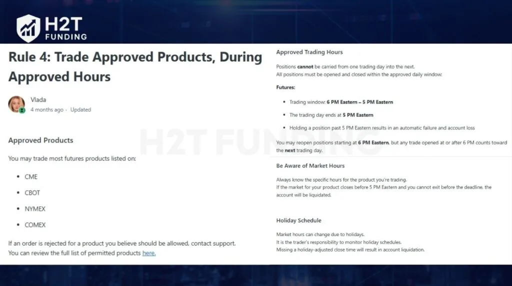Take Profit Trader evaluation rule 4 - Approved Products and Hours
