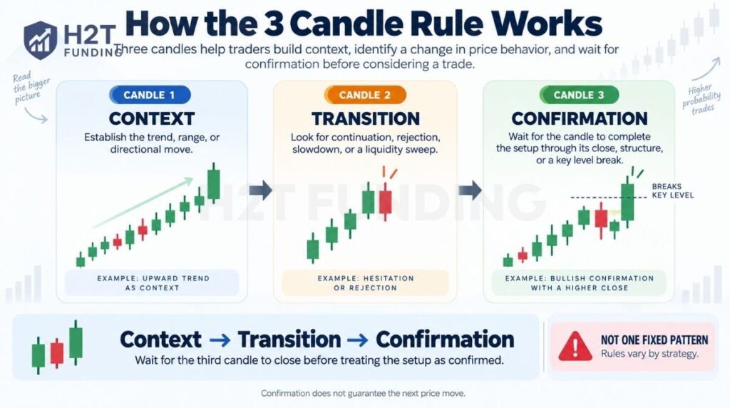 The 3-candle rule uses context, transition, and confirmation to evaluate a trading setup