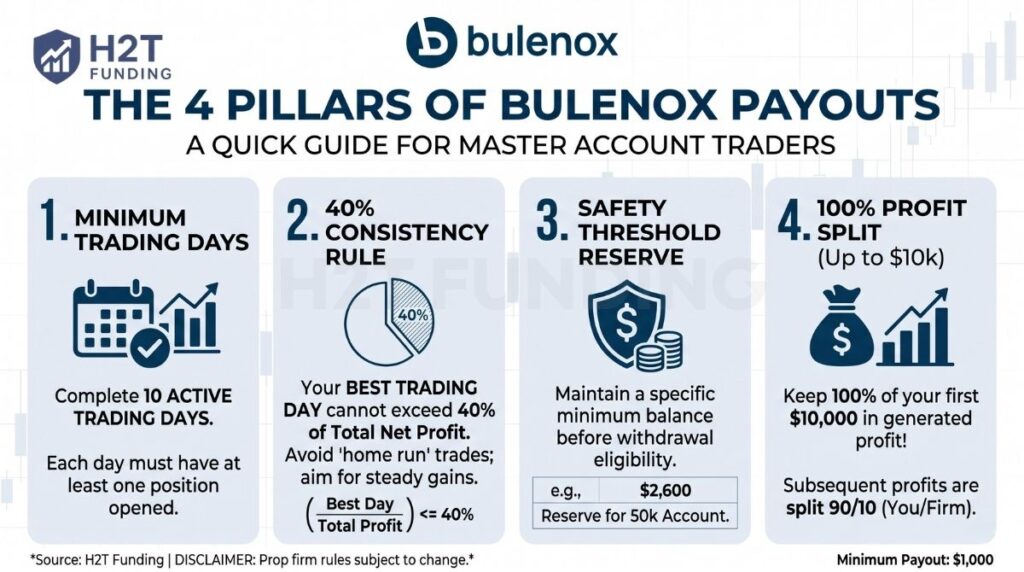 The 4 pillars of Bulenox payout rules including 40 percent consistency and safety reserve