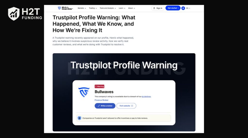 The Bullwaves Prime Trustpilot is currently flagged by Trustpilot for a Breach of guidelines (updated on January 26, 2026)