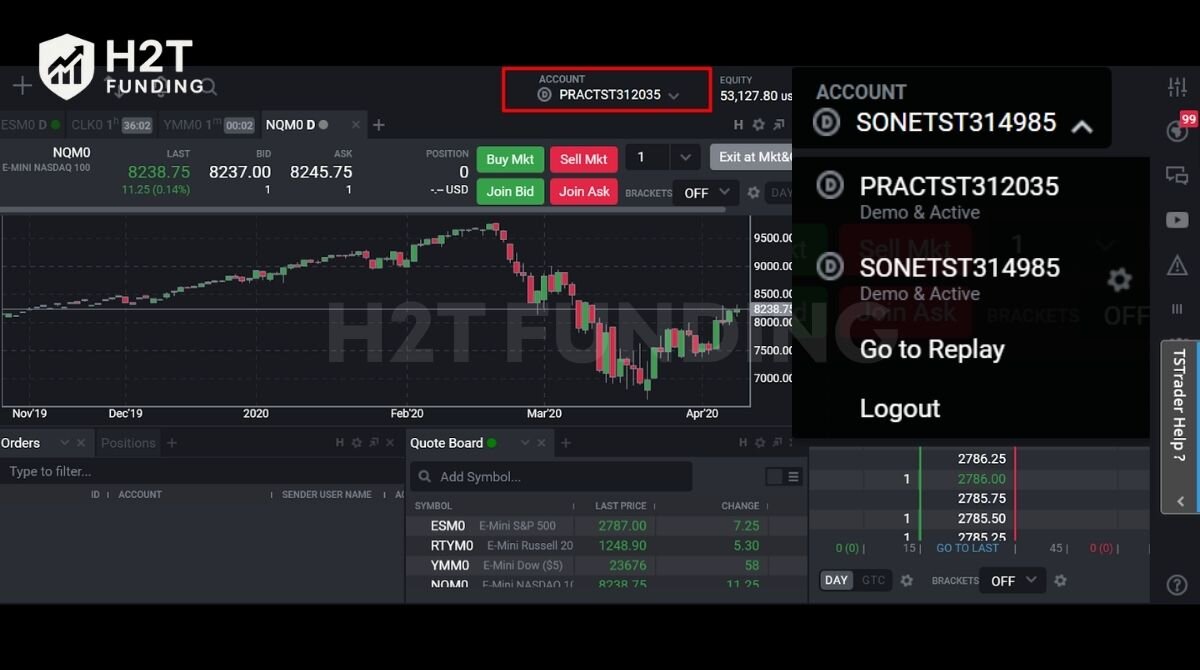 The account display “PRACTST”, confirming you're in the simulation environment