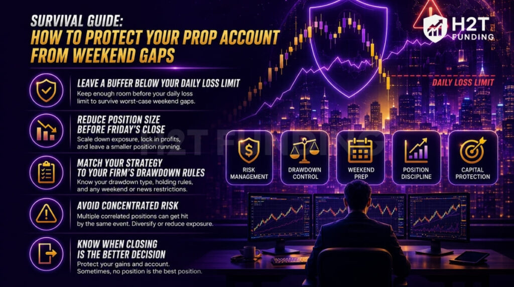 The best way to protect a prop account from weekend gaps is to reduce risk before the market closes