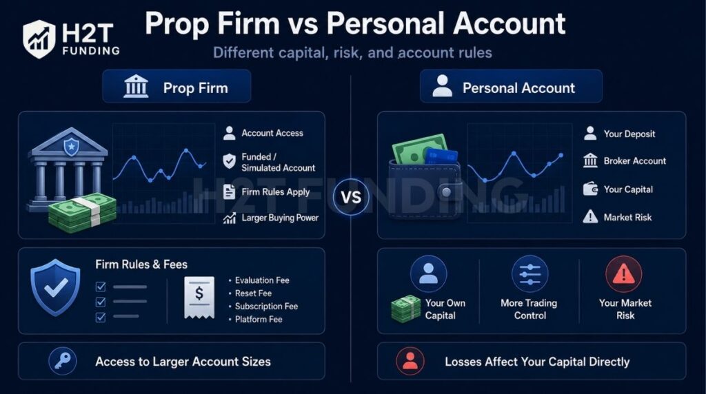 The core difference is how capital, risk, and account rules are structured