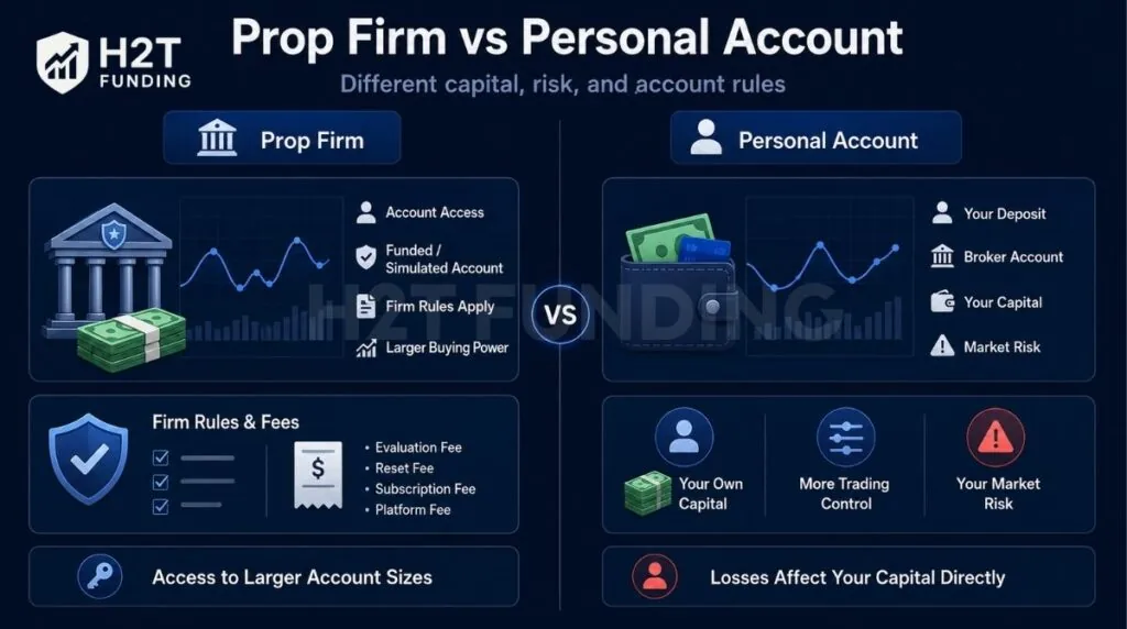 The core difference is how capital, risk, and account rules are structured