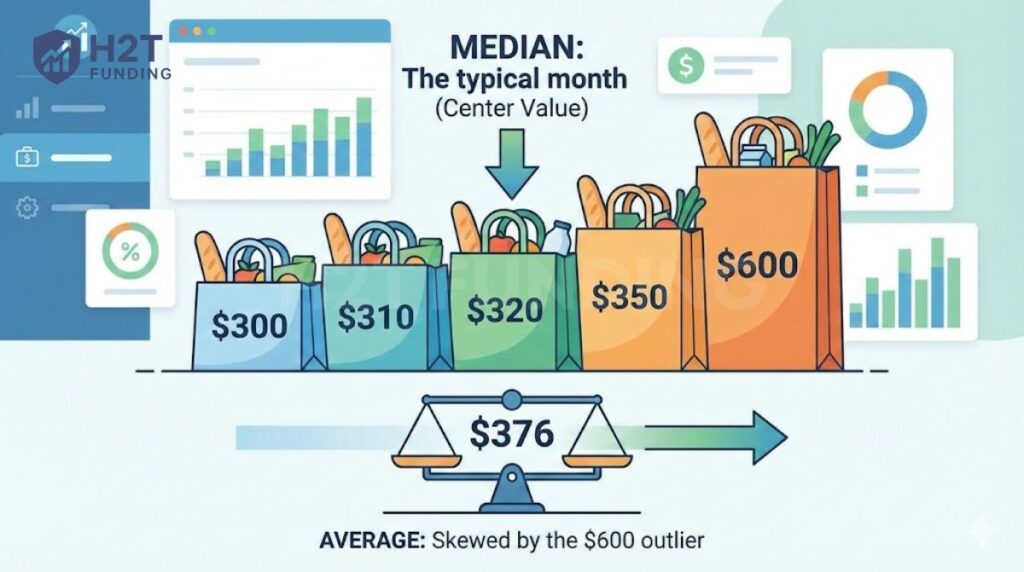 The median highlights typical spending by ignoring outliers