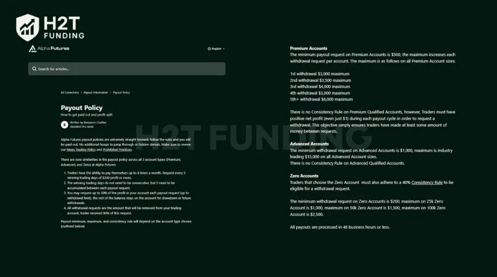 The payout rules for Alpha Futures depend entirely on your account type: Premium, Advanced, or Zero